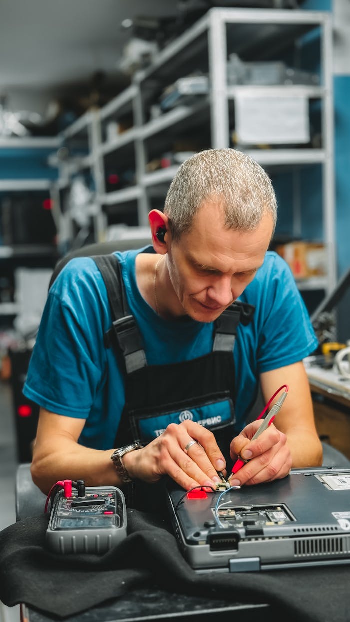 Focused technician repairing laptop with precision in a busy workshop environment.